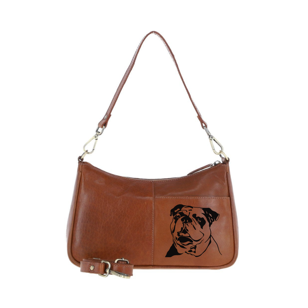 British Bulldog Face Engraved Genuine Leather Shoulder Bag