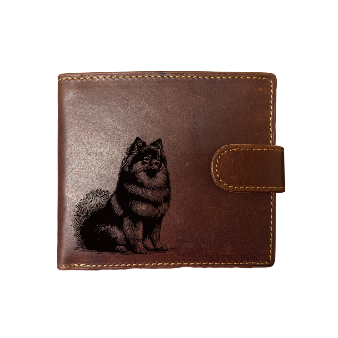 Personalised German Spitz Sitting Engraved Dark Tan Genuine Leather Wallet