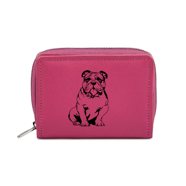 British Bulldog Sitting Engraved Small Leather Purse (Green/Pink/Blue/Red)