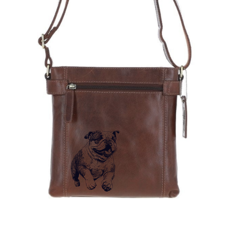 British Bulldog Running Engraved Leather Two Section Zip Top Crossbody Bag