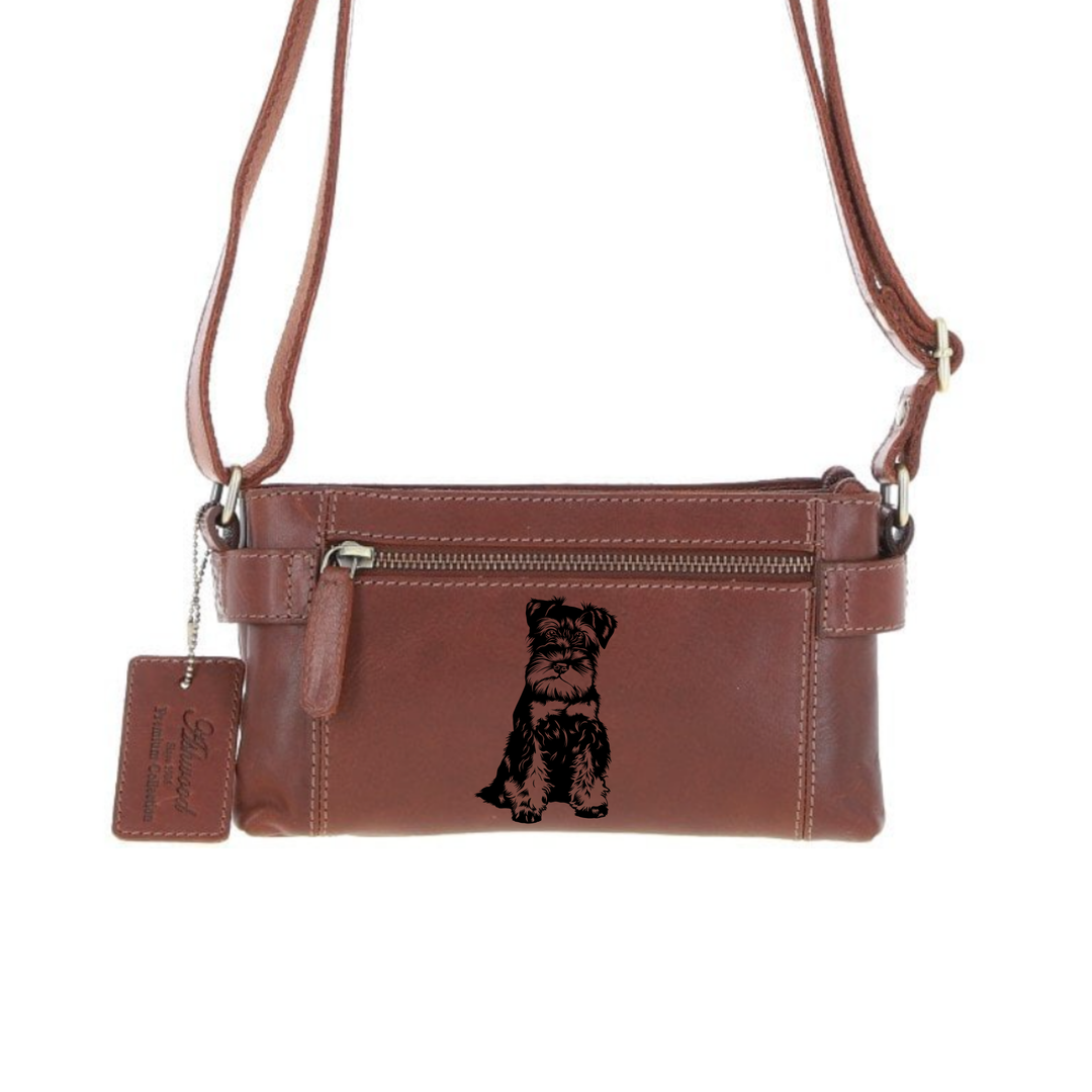 Personalised Miniature Schnauzer Engraved Small Leather Two Section Zip Top Crossbody Bag