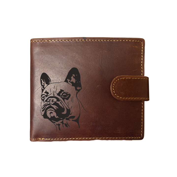 Personalised French Bulldog Face Engraved Dark Tan Genuine Leather Wallet