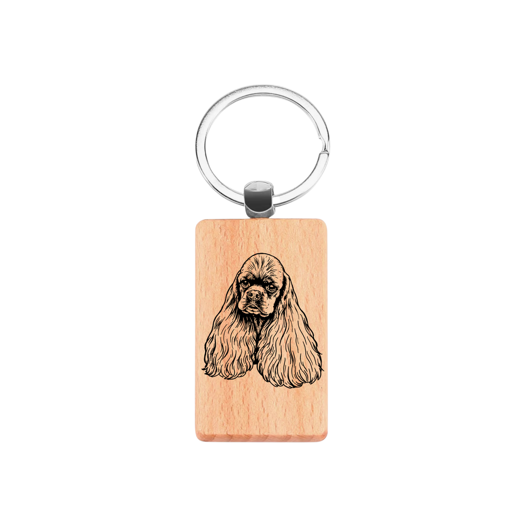 American Cocker Spaniel Face Engraved Rectangle Wooden Keyring