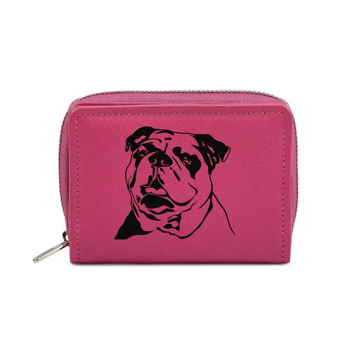 British Bulldog Face Engraved Small Leather Purse (Green/Pink/Blue/Red)