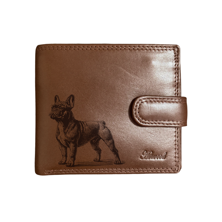 Personalised French Bulldog Standing Engraved Dark Tan Genuine Leather Wallet