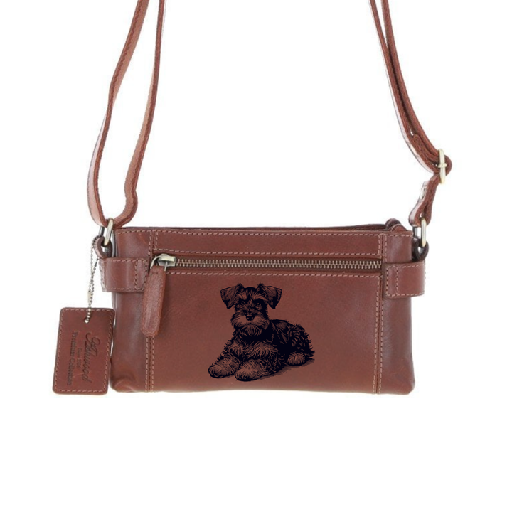 Personalised Miniature Schnauzer LD Engraved Small Leather Two Section Zip Top Crossbody Bag