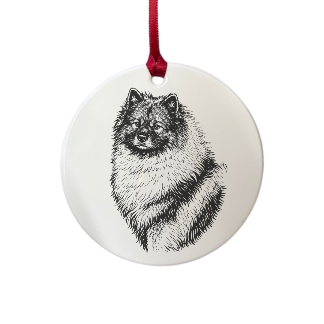 Personalised Keeshond Face Engraved White Acrylic Decoration