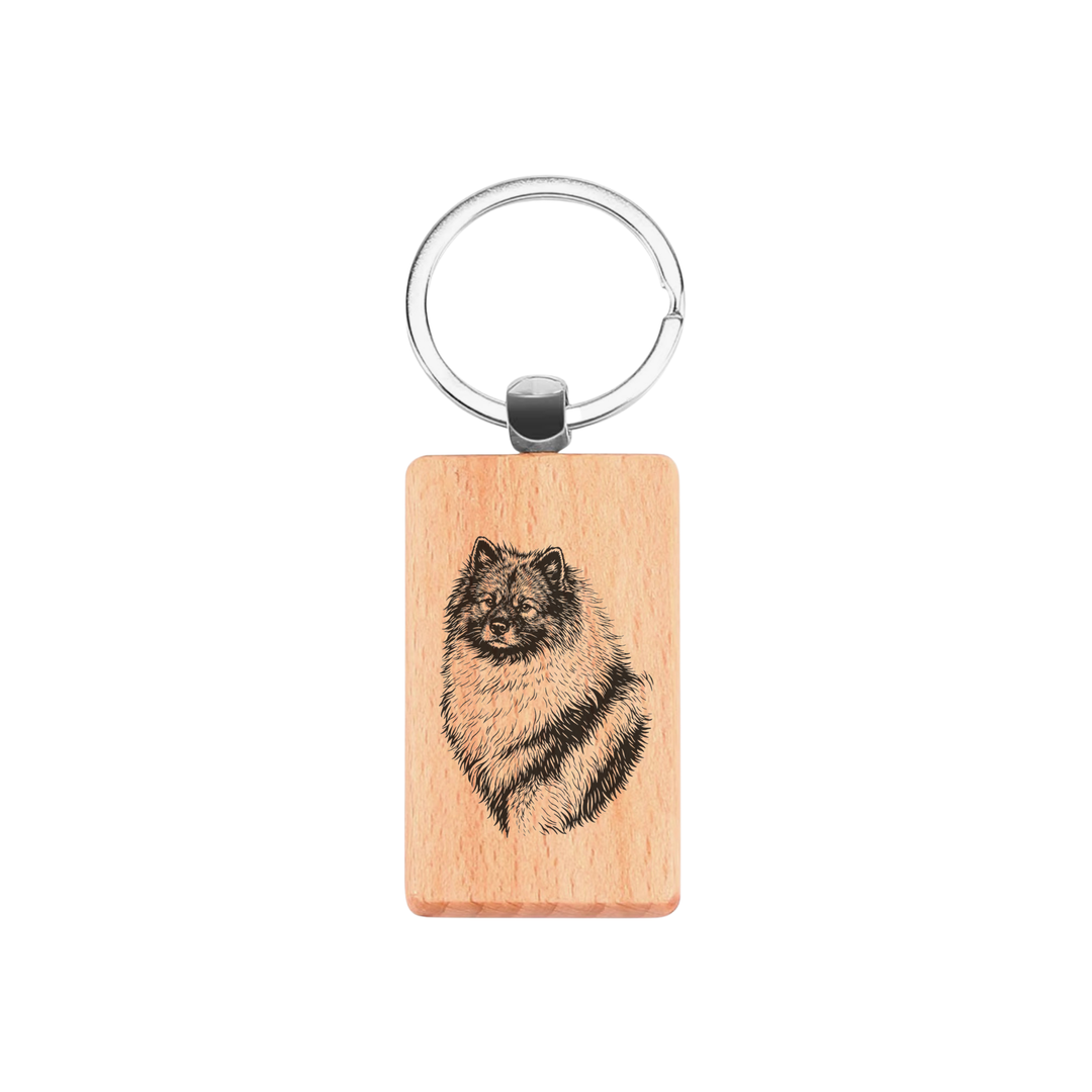 Keeshond Face Engraved Rectangle Wooden Keyring