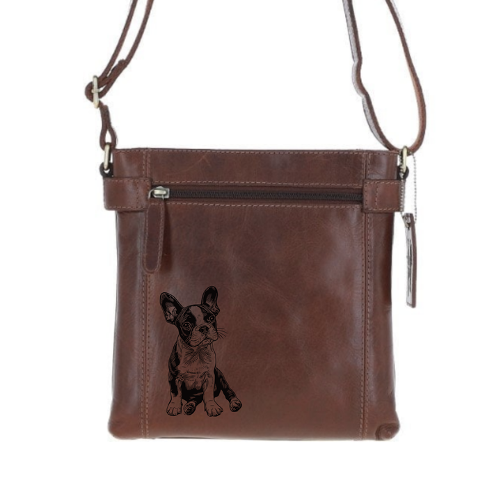 Boston Terrier Sitting Engraved Leather Two Section Zip Top Crossbody Bag