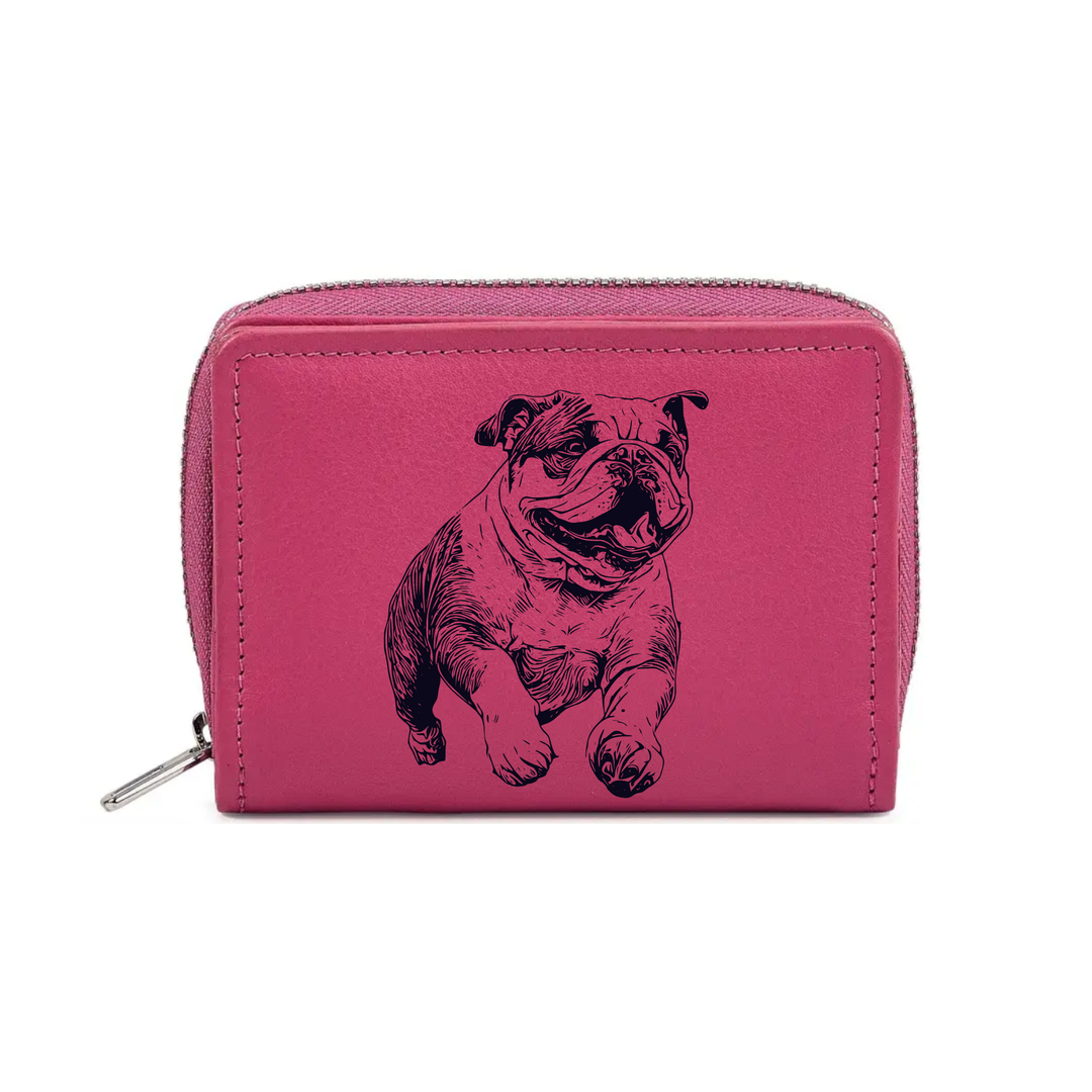 British Bulldog Running Engraved Small Leather Purse (Green/Pink/Blue/Red)