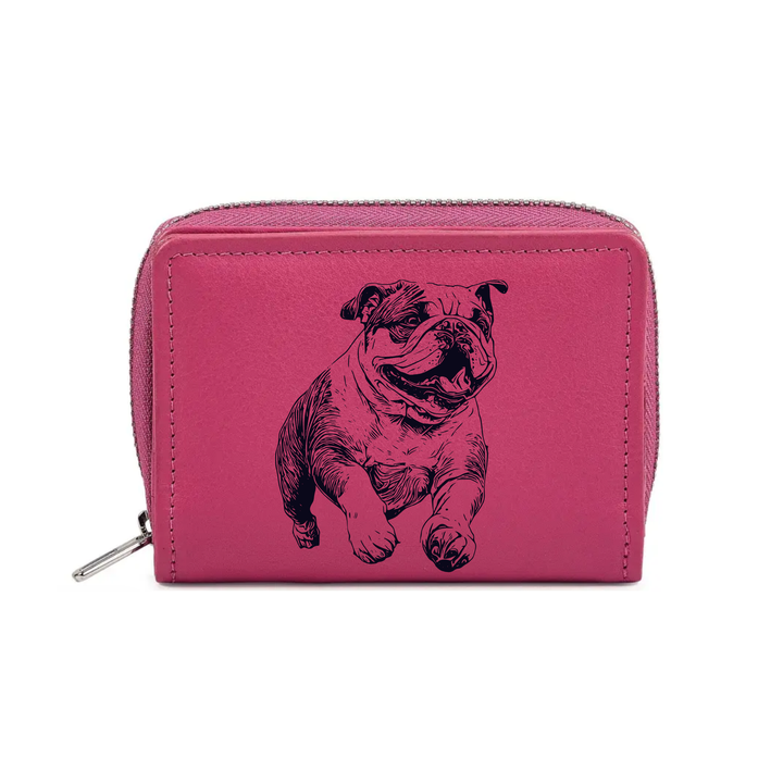 British Bulldog Running Engraved Small Leather Purse (Green/Pink/Blue/Red)