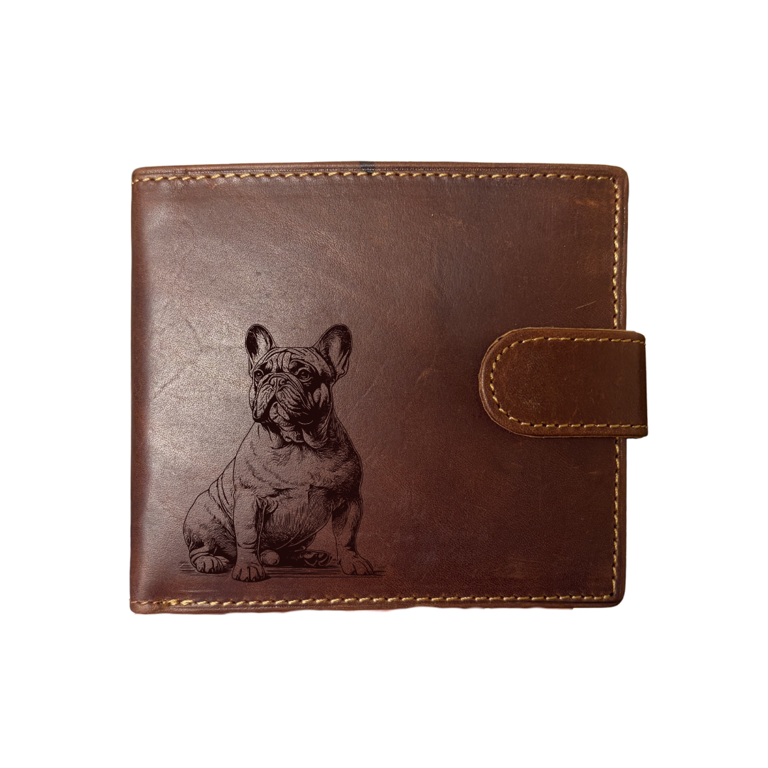 Personalised French Bulldog Sitting Engraved Dark Tan Genuine Leather Wallet