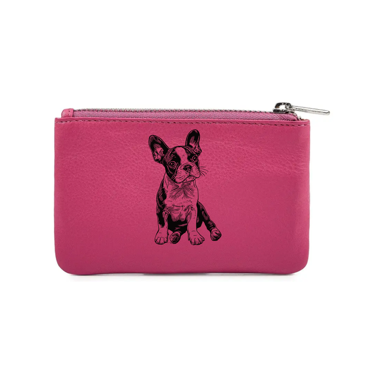Boston Terrier Sitting Engraved Genuine Leather Coin Purse (Multiple Colour Options)