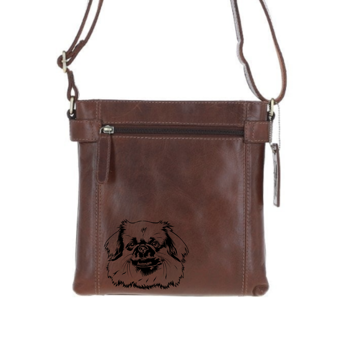 Tibetan Spaniel Engraved Leather Two Section Zip Top Crossbody Bag