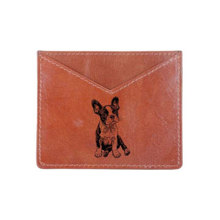 Boston Terrier Sitting Engraved Genuine Leather Cardholder