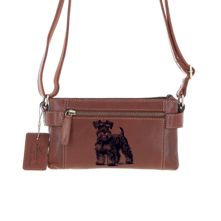 Personalised Miniature Schnauzer Puppy Engraved Small Leather Two Section Zip Top Crossbody Bag