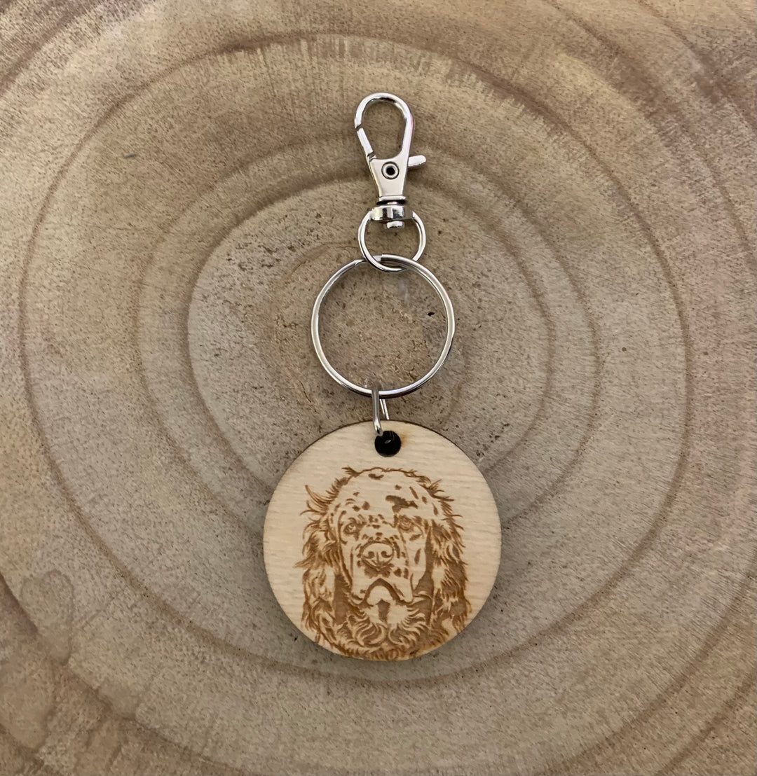 Clumber Spaniel Dog Engraved Wooden Keyring (DESIGN 2)