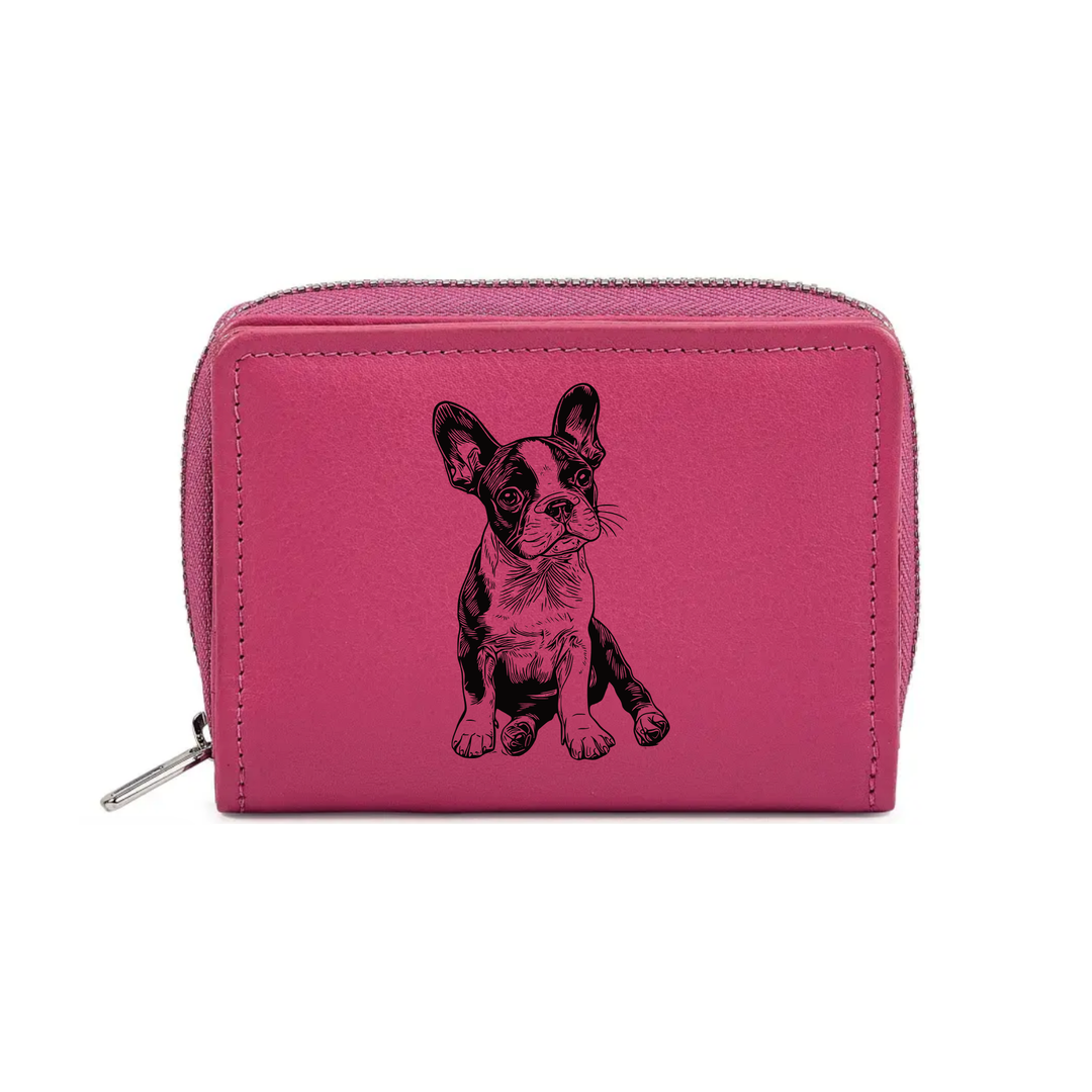 Boston Terrier Sitting Engraved Small Leather Purse (Green/Pink/Blue/Red)