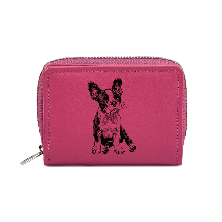 Boston Terrier Sitting Engraved Small Leather Purse (Green/Pink/Blue/Red)