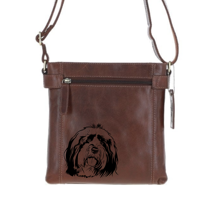 Tibetan Terrier Engraved Leather Two Section Zip Top Crossbody Bag