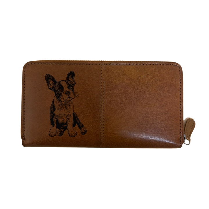 Boston Terrier Sitting Engraved Large Leather Purse