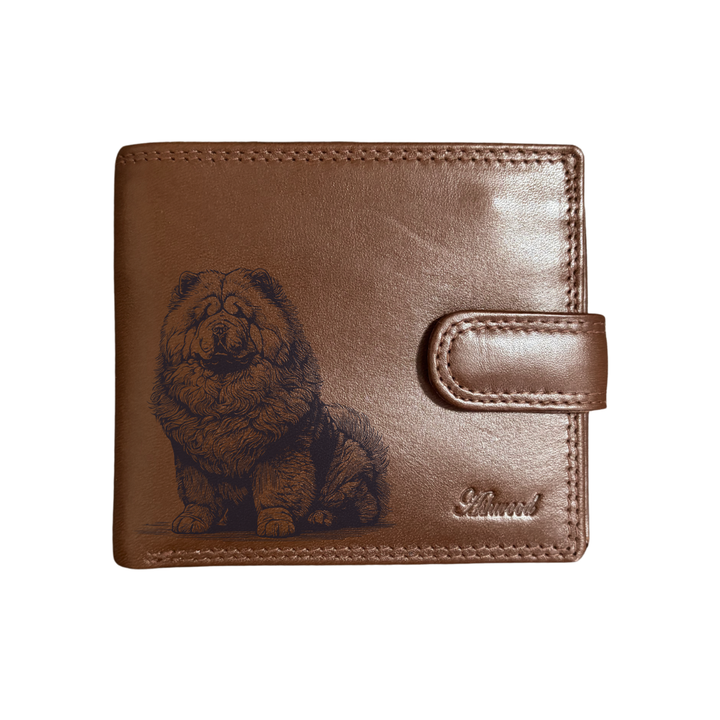 Personalised Chow Chow Sitting Engraved Dark Tan Genuine Leather Wallet