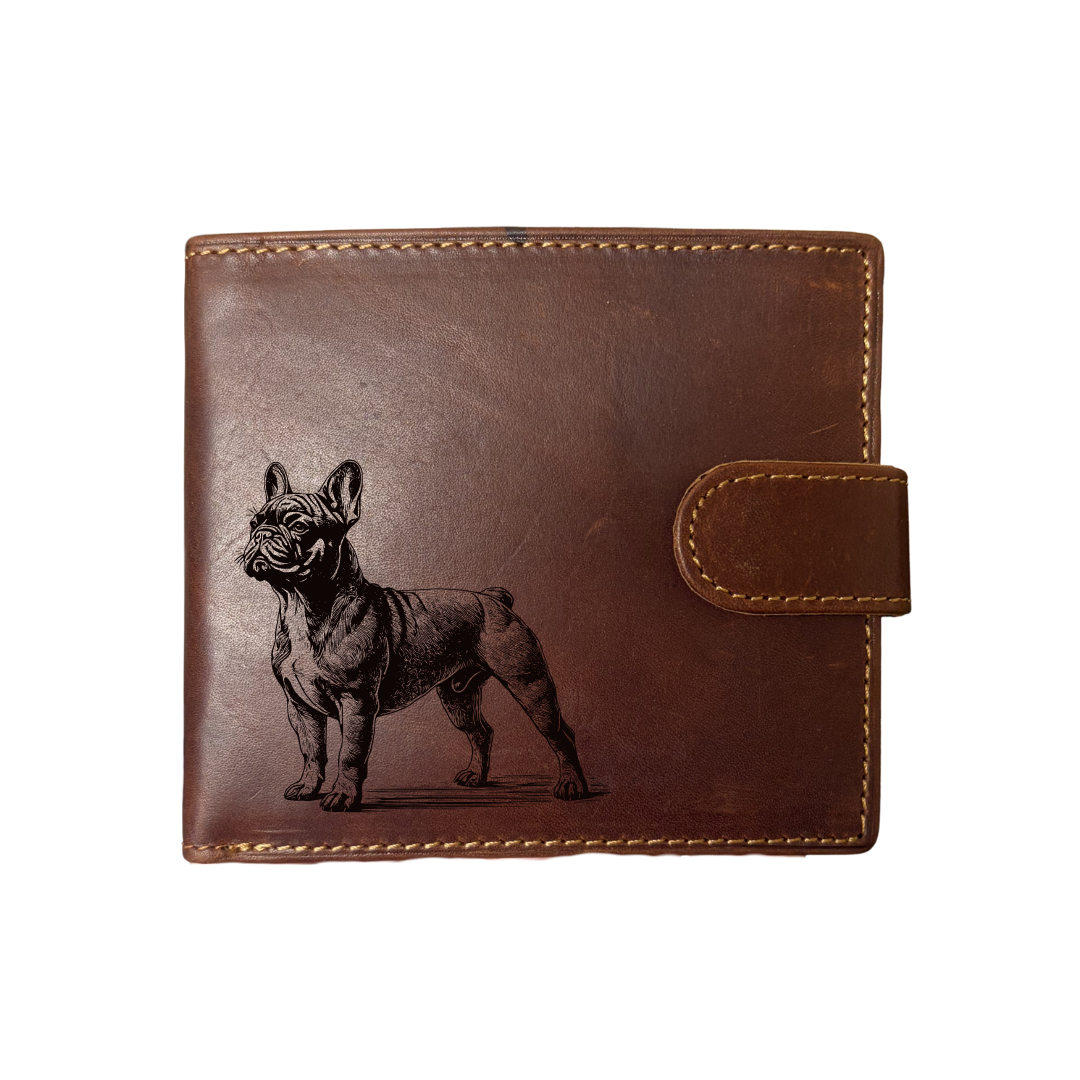 Personalised French Bulldog Standing Engraved Dark Tan Genuine Leather Wallet