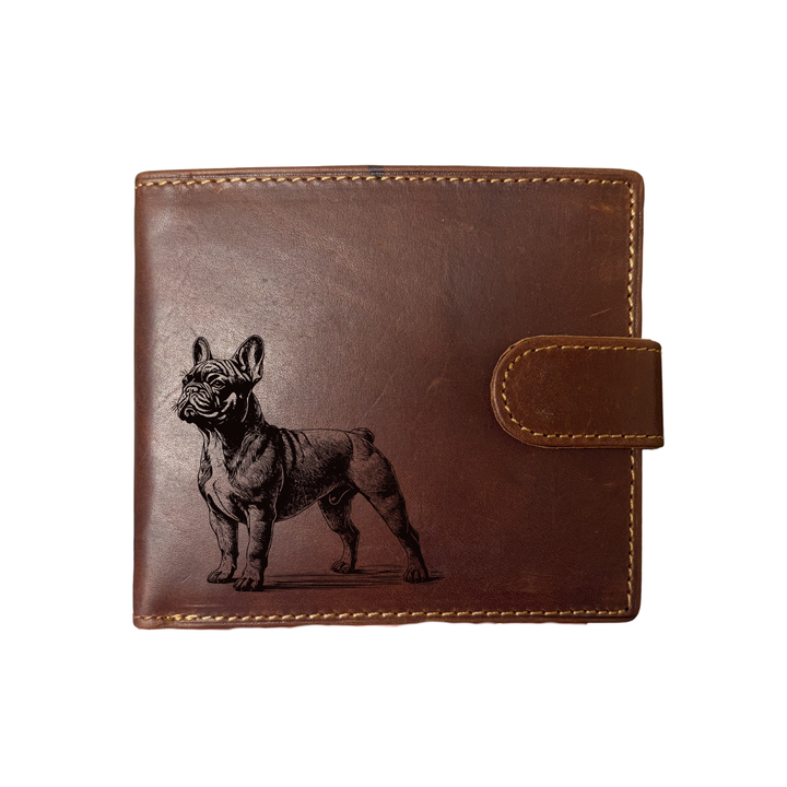 Personalised French Bulldog Standing Engraved Dark Tan Genuine Leather Wallet