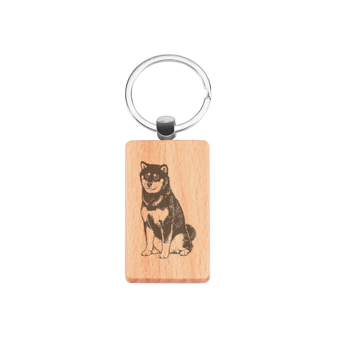 Japanese Shiba Inu Sitting Engraved Rectangle Wooden Keyring