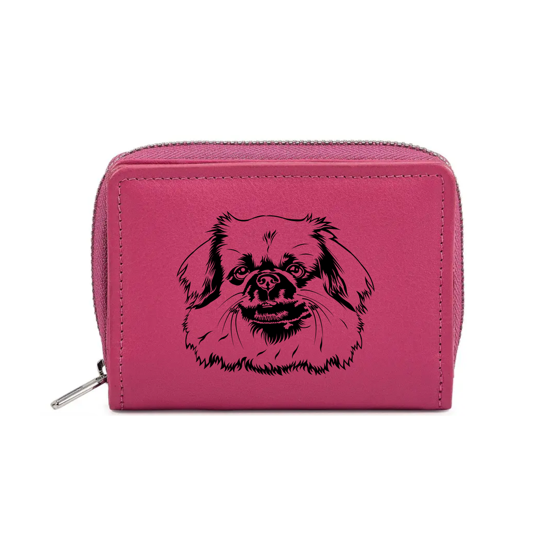 Tibetan Spaniel Face Engraved Small Leather Purse (Green/Pink/Blue/Red)