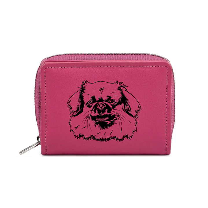 Tibetan Spaniel Face Engraved Small Leather Purse (Green/Pink/Blue/Red)