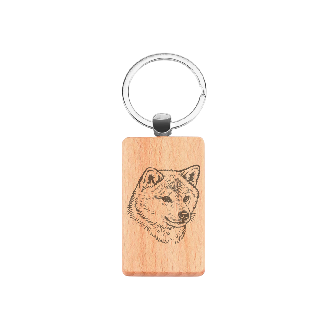 Japanese Shiba Inu Face Engraved Rectangle Wooden Keyring
