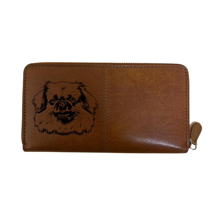 Tibetan Spaniel Face Engraved Large Leather Purse