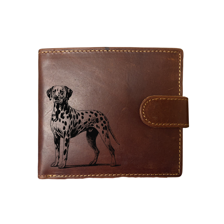 Personalised Dalmatian Standing Engraved Dark Tan Genuine Leather Wallet