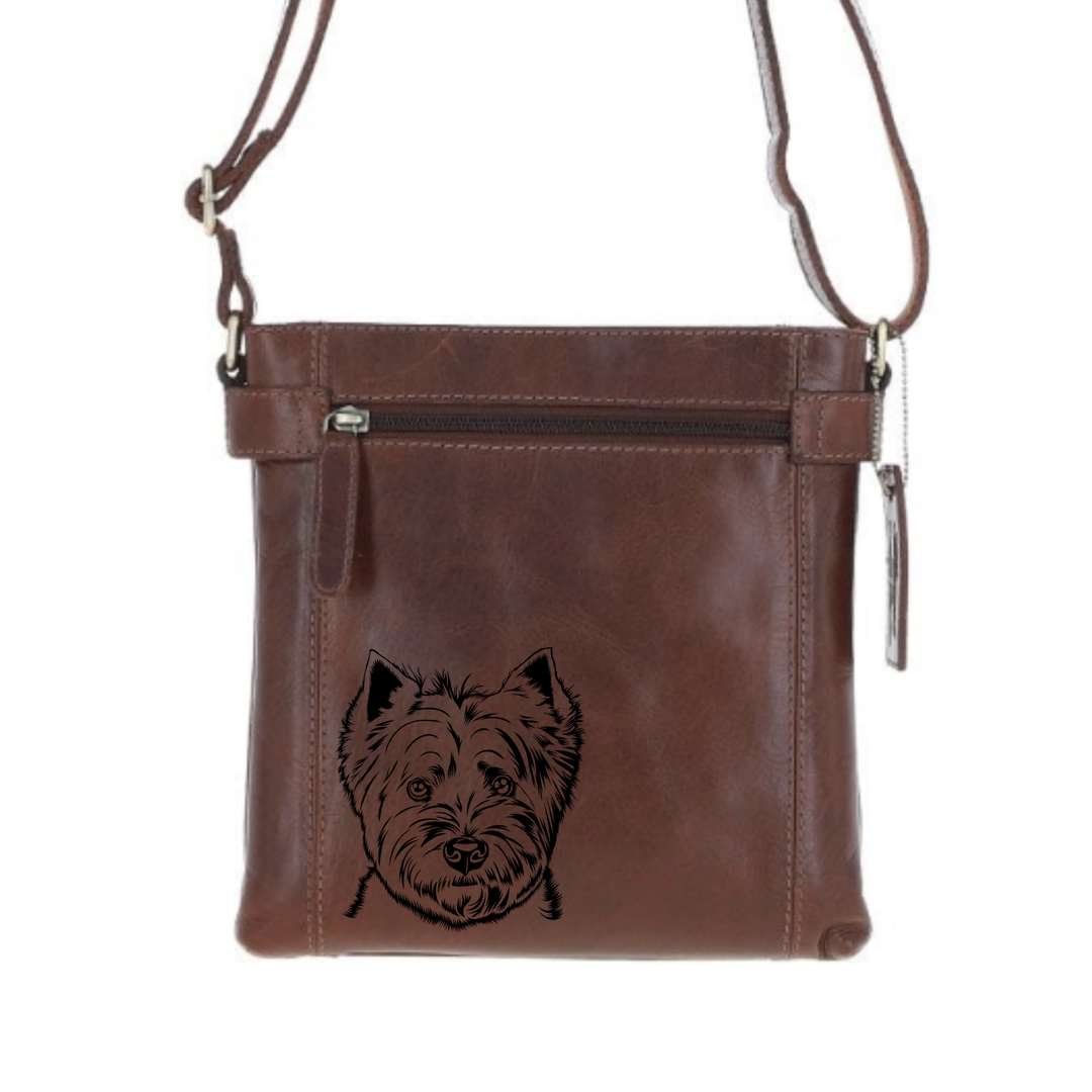 West Highland Terrier Face Engraved Leather Two Section Zip Top Crossbody Bag
