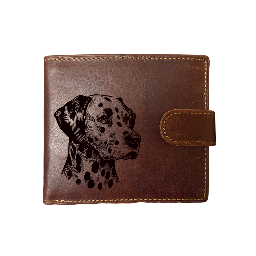 Personalised Dalmatian Face Engraved Dark Tan Genuine Leather Wallet
