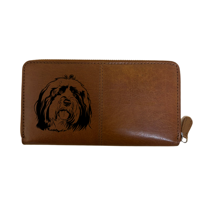 Tibetan Terrier Face Engraved Large Leather Purse