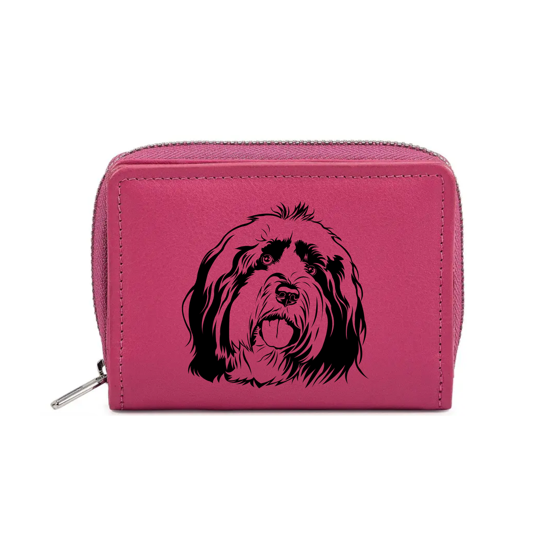 Tibetan Terrier Face Engraved Small Leather Purse (Green/Pink/Blue/Red)