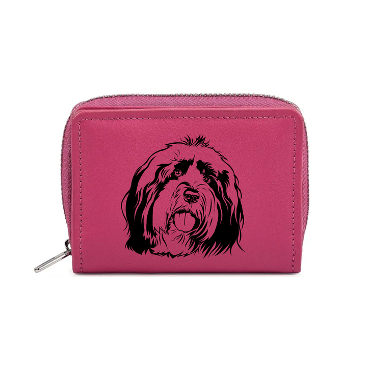Tibetan Terrier Face Engraved Small Leather Purse (Green/Pink/Blue/Red)