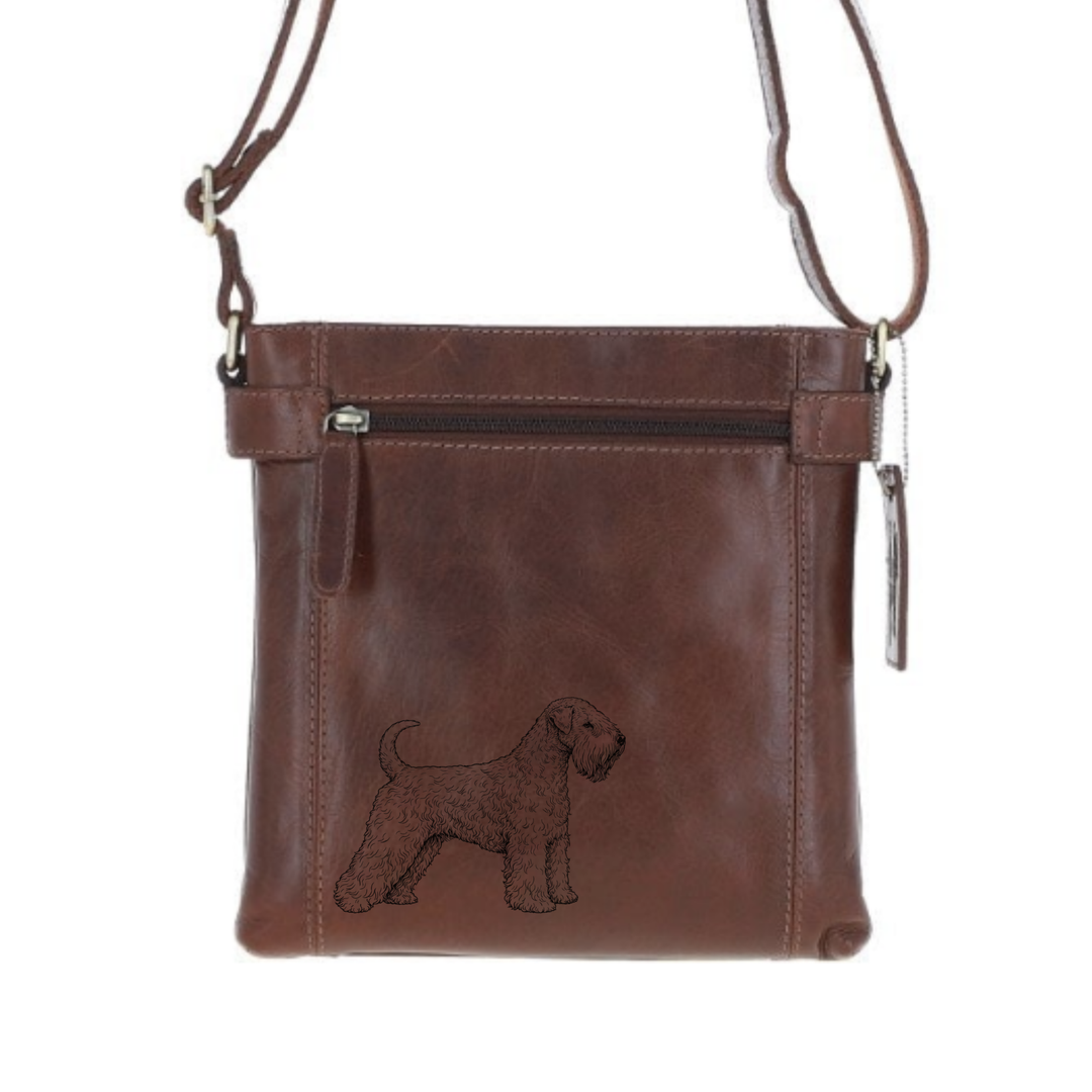 Soft Coated Wheaten Terrier Standing Engraved Leather Two Section Zip Top Crossbody Bag