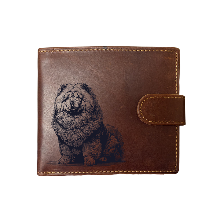 Personalised Chow Chow Sitting Engraved Dark Tan Genuine Leather Wallet