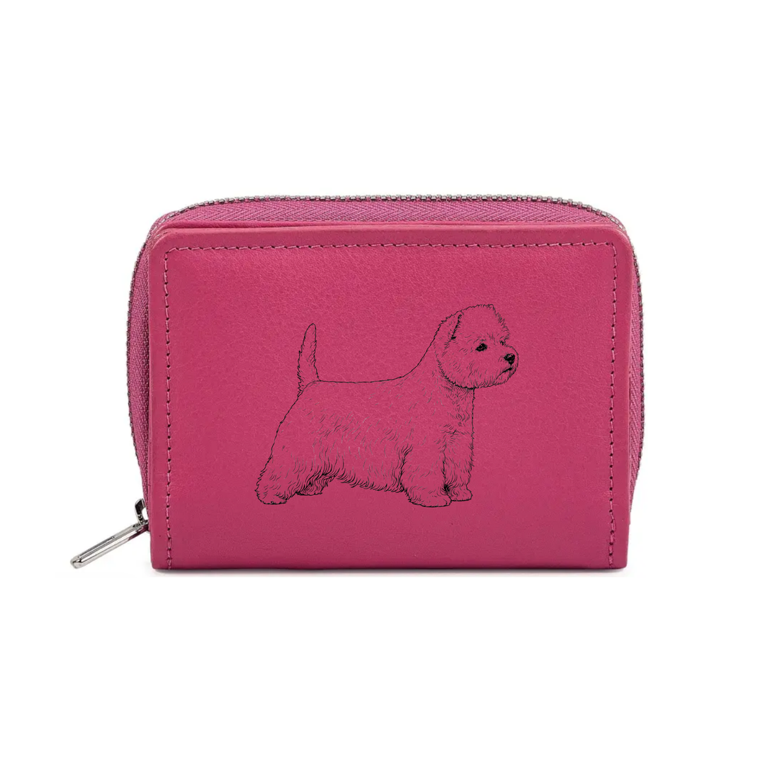 West Highland White Terrier Westie Standing Engraved Small Leather Purse (Green/Pink/Blue/Red)