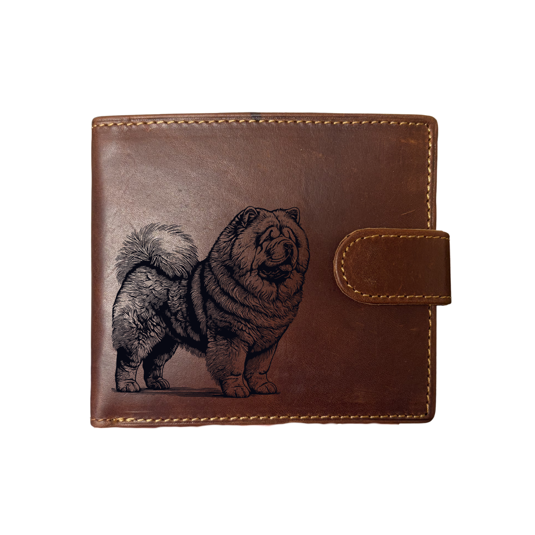 Personalised Chow Chow Standing Engraved Dark Tan Genuine Leather Wallet