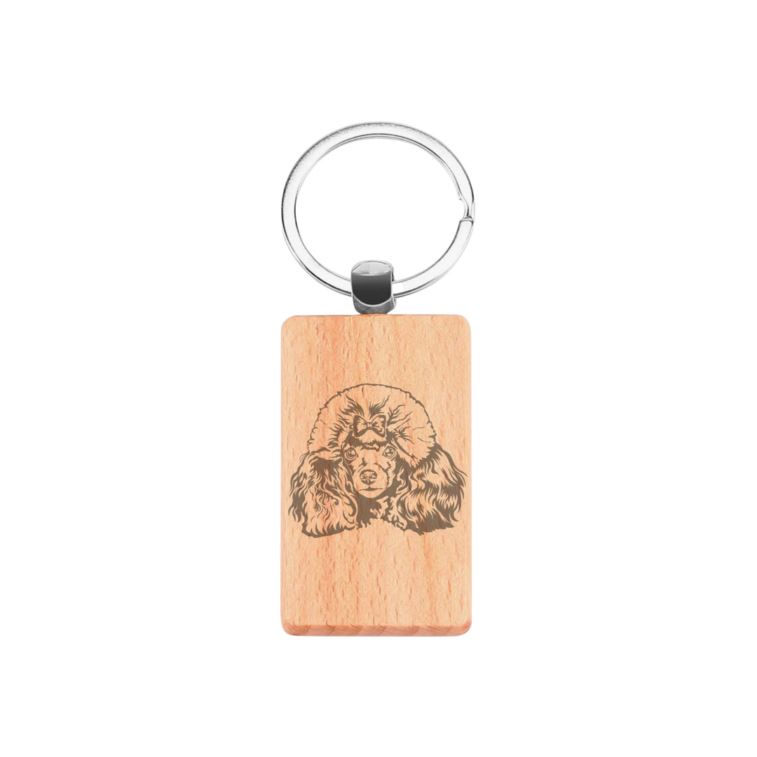 Poodle Face Engraved Rectangle Wooden Keyring