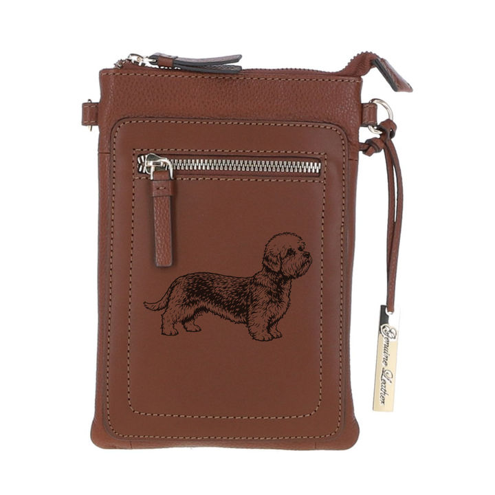 Personalised Dandie Dinmont Standing Engraved Leather Crossbody Smart Phone Bag