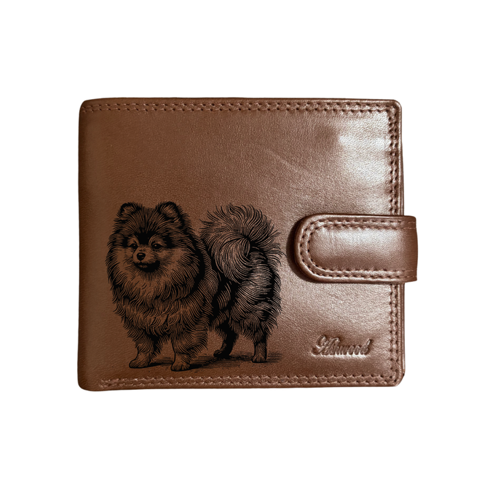 Personalised Pomeranian Standing Engraved Dark Tan Genuine Leather Wallet