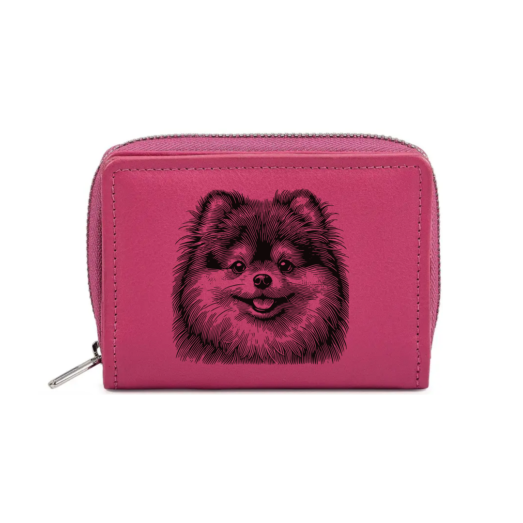 Pomeranian Face Engraved Small Leather Purse (Green/Pink/Blue/Red)
