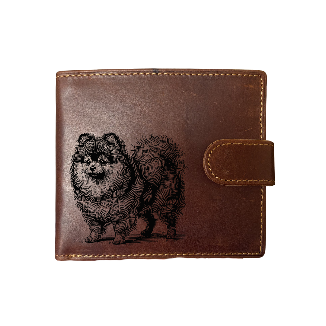 Personalised Pomeranian Standing Engraved Dark Tan Genuine Leather Wallet
