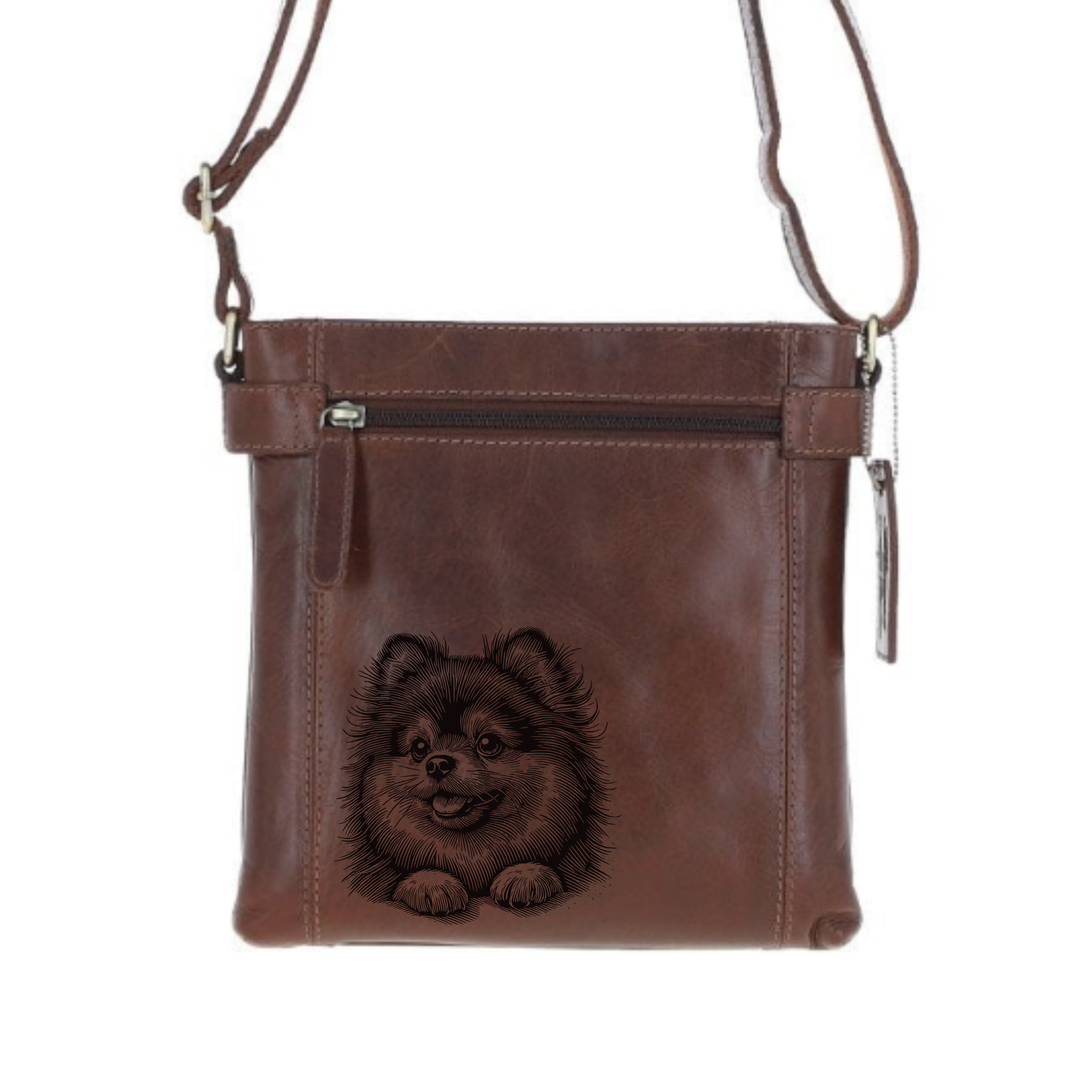 Pomeranian Paws Engraved Leather Two Section Zip Top Crossbody Bag