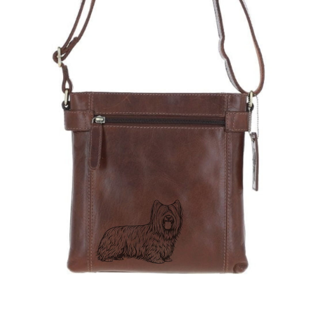 Skye Terrier Standing Engraved Leather Two Section Zip Top Crossbody Bag